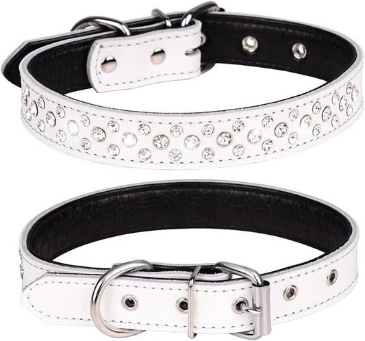 Rhinestone Dog Collar, Adjustable Cute Dazzling Sparkling Soft Leather Dog Collar Crystal Diamond Pet Dog Puppy Collar (S, White)