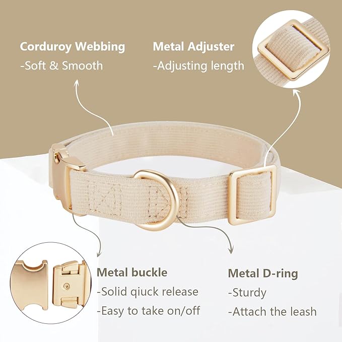 Soft Corduroy Dog Collar and Leash Set, Adjustable Cotton Dog Collars with Metal Buckle and Lead for Large Dogs,Beige
