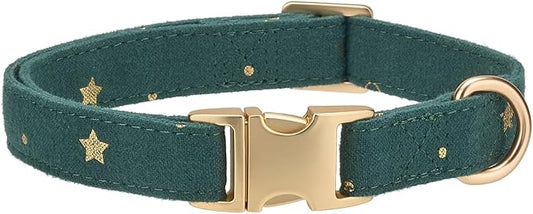 Cotton Dog Collar with Metal Buckle Adjustable Soft Dog Collars with Gold Star for Small Medium Large Dogs,Dark Green,Medium