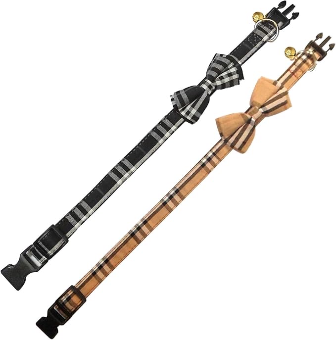 KUDES 2 Pack/Set Dog Collars with Bow Tie and Bells, Adjustable Cute Dog Bow Ties Collar for Small/Medium/Large Boys and Girls Pets (Black+Brown, S(9.6''-13.8''))