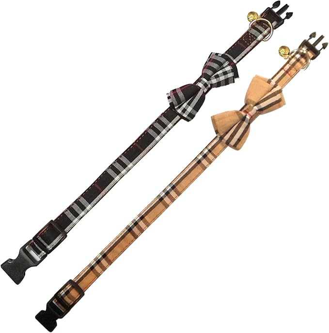 KUDES 2 Pack/Set Dog Collars with Bow Tie and Bells, Adjustable Cute Dog Bow Ties Collar for Small/Medium/Large Boys and Girls Pets (Black+Brown, L(14.2''-21.7''))