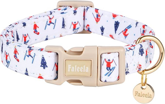 Faleela Dog Collar - Cute & Comfy Cotton Pet Collar, Adjustable Lightweight Design with Quick-Release Buckle, for Small, Medium & Large Dogs - Multiple Styles Available (Skiing, Medium)