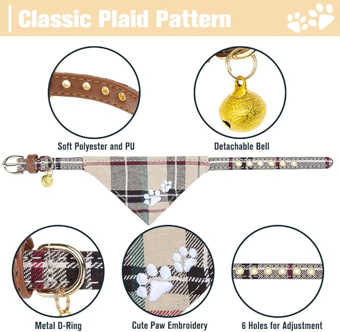 EXPAWLORER Dog Collar and Leash Set - Plaid Dog Collar with Pawprints and Bow Tie, Cat-Friendly, Beige S-M
