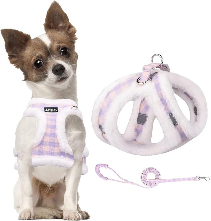 AIITLE Step in Dog Harness and Leash Set - Warm and Cozy Basic Plaid Dog Vest Harness with Magic Tape Design, Reflective Pet Harness for Outdoor Walking, Training for Small Dogs, Cats Purple XXS
