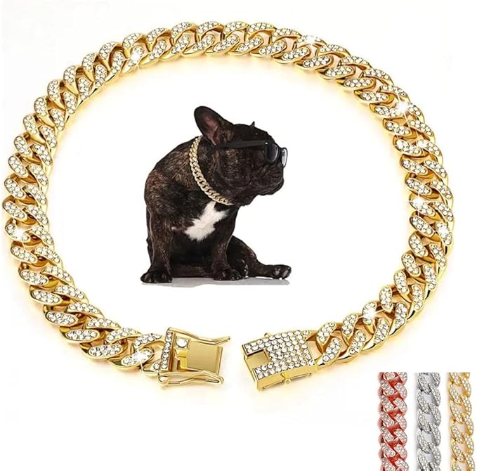 Gold Dog Chain Collar, Glitter Rhinestone Sparkly Bling Metal Diamond Dog Necklace Cuban Link Cat Collars for Small Medium Large Pet Dogs Puppy, 8 inch