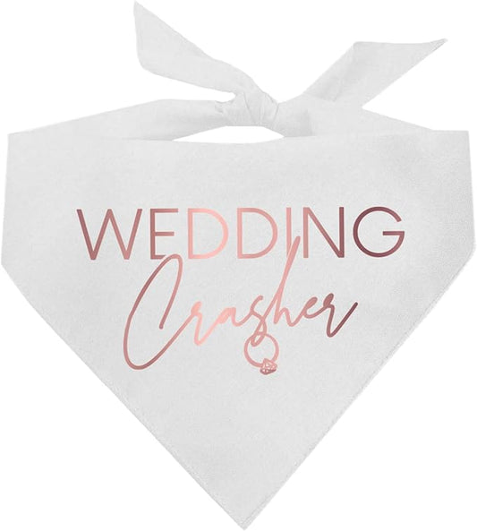 Wedding Crasher Metallic Printed Dog Bandana | 100% Cotton Adjustable Triangle | Wedding Photo Prop | Bridal Shower | Engagement Announcement |White, Rose Foil (1313)