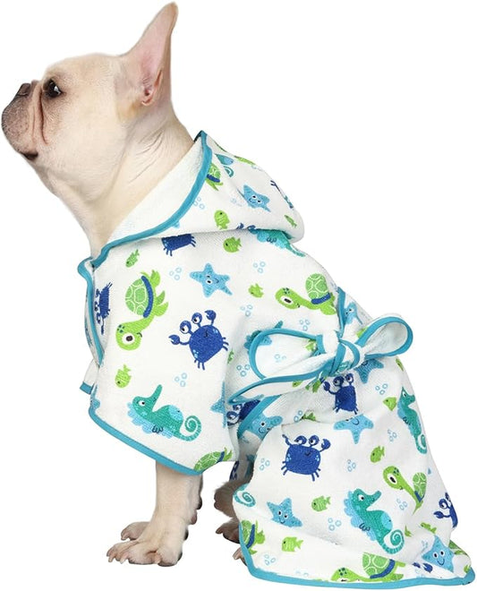 HDE Dog Bathrobe Super Absorbent Quick Drying Towel with Hood for All Dog Breeds Sizes S-XXL - Sea Animals - S