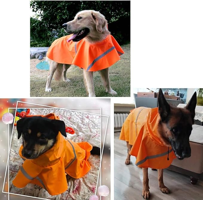 Adjustable Large Dog Raincoat with Strip Reflective - Waterproof Pet Rain Jacket Hoodie Poncho,for Large and Medium Dogs (Orange,M)