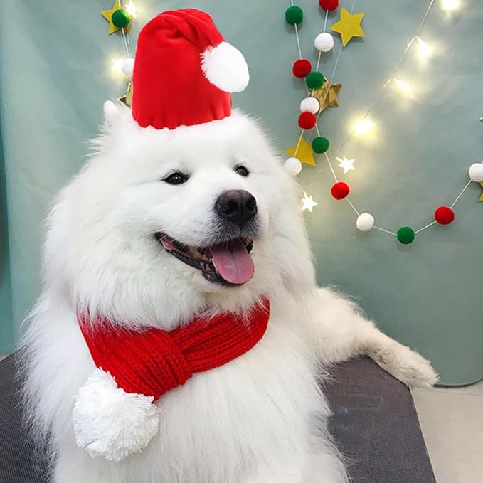 ANIAC Cat Santa Hat with Scarf Dog Xmas Cap Puppy Christmas Costume Pet Warm Headgear Doggy Neck Accessories for Cats and Small Dogs(Small)