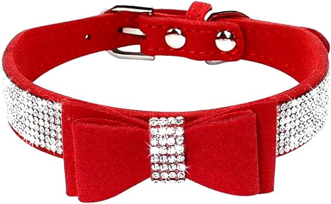Rhinestone Dog Collar, Cute Dazzling Sparkling Soft Suede Leather Dog Cat Rhinestone Collar Crystal Diamond Pet Dog Puppy Collar (XS, Red-1)