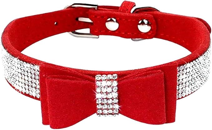 Rhinestone Dog Collar, Cute Dazzling Sparkling Soft Suede Leather Dog Cat Rhinestone Collar Crystal Diamond Pet Dog Puppy Collar (XS, Red-1)
