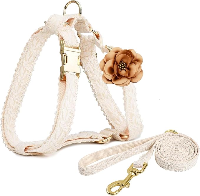 Extra Large Dog Harness and Leash Set, Elegant Lace Embroidered Costume, No Pull, Adjustable, White, S/M/L, Dog Wedding Harness, Costume, Pet Outfit