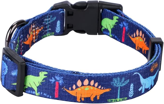 Rhea Rose Dog Collar Special Design Personalized Cute Girl boy Soft Collars with Sunflower, Camo, American Flag, Plaid (S(Neck 11"-15.7", Width 5/8"), Cartoon Dinosaurs)