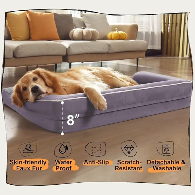 Orthopedic Large Dog Bed Washable, Orthopedic Dog Beds with Egg Foam Support, Removable, Machine Washable Plush Cover and Non-Slip Bottom for XXLarge Extra Large Dogs - Purple Dog Bed