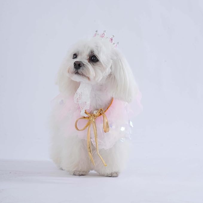 FLAdorepet Dog Princess Dress Costume with Rhinestones Crown,Pet Cat Cape Cloak Birthday Party Wedding Dress Up Outfits,Rainbow Mermaid Halloween Costume Clothes,Small
