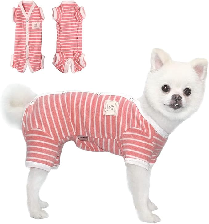 TONY HOBY Female/Male Pet Dog Pajamas Stripes 4 Legged Dog pjs Jumpsuit Soft Cotton Dogs Clothes (XS, Pink+White-Girls)