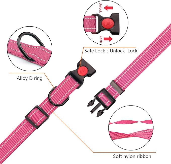 Reflective Dog Collar and Leash Set with Safety Locking Buckle Nylon Pet Collars Adjustable for Small Medium Large Dogs 3 Sizes(Hotpink&S)