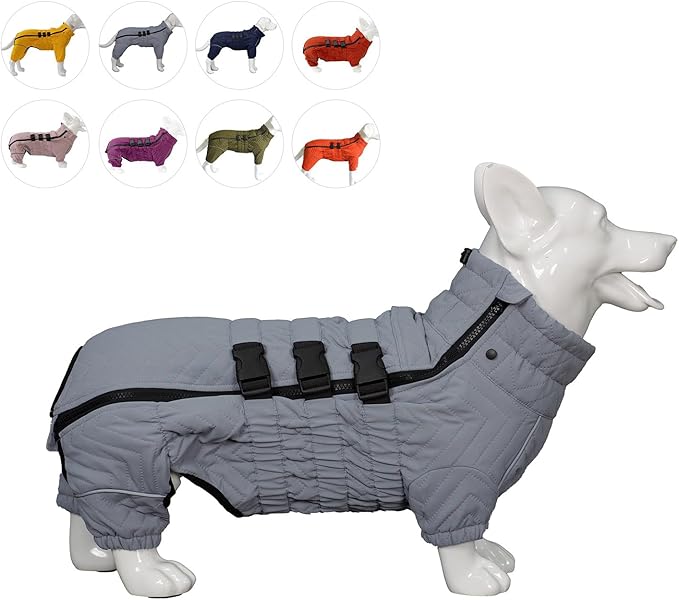 Lovelonglong Warm Dog Coat Double Layers Vest, 4 Legs Covered Windproof Waterproof Reflective Outdoor Skating Costume for Corgis Dachshund Gray D-L