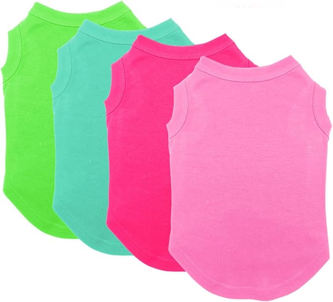 Chol&Vivi Cat T-Shirt Clothes Soft and Thin, 4pcs Blank Dog Shirts Cotton Clothes Sleeveless Fit for Small to Extra Large Size, Pet Tank Top for All Breeds, Light Blue/Green/Pink/Rose Red, XX-Small