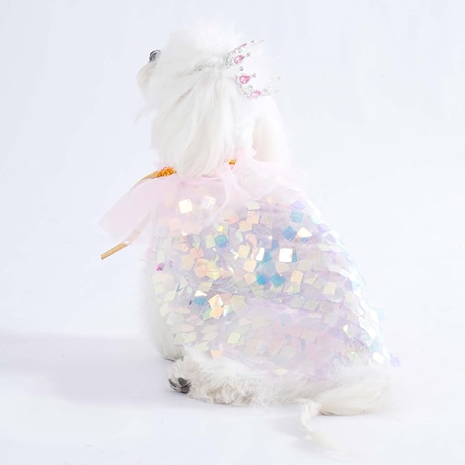 FLAdorepet Dog Princess Dress Costume with Rhinestones Crown,Pet Cat Cape Cloak Birthday Party Wedding Dress Up Outfits,Rainbow Mermaid Halloween Costume Clothes for Small Medium Large Dogs,Medium