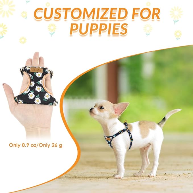 SlowTon No Pull Dog Harness with Leash - Soft Lightweight Floral Pattern Puppy Harness, Adjustable Pet Harness for Small Medium Dogs (Black Daisy XXS)