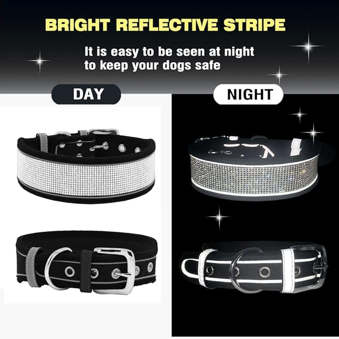 Bling Rhinestone Dog Collar Soft Comfortable Stylish Dog Collar with Bright Reflective Stripe Premium Adjustable Diamond Crystal Pet Collar for Small Medium and Large Dogs (M, Black)