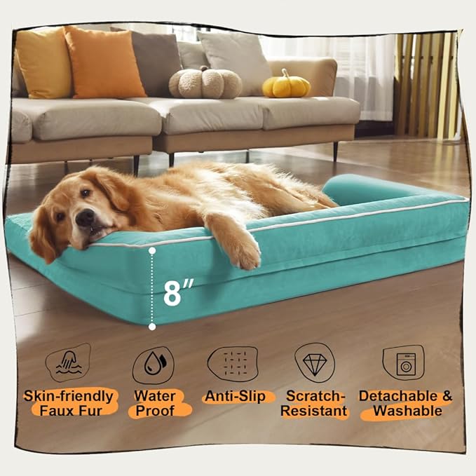 Orthopedic Large Dog Bed Washable, Orthopedic Dog Beds with Removable Cover, XLarge XL Pet with Bolster, Washable Aqua Blue Large Dog Beds with Egg Foam for Medium Gaint Dogs