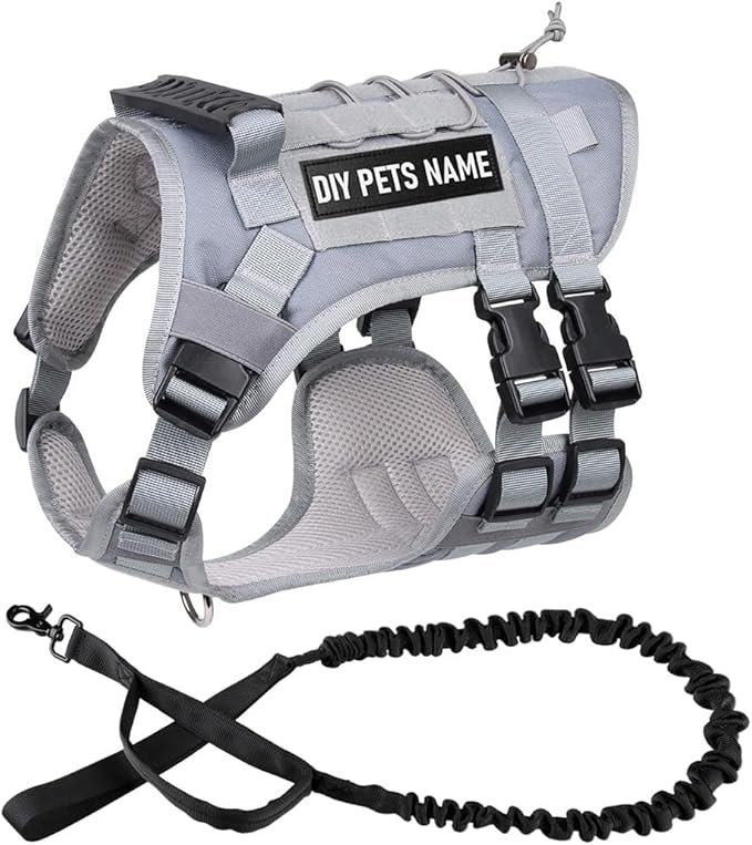 DIY Dog's Name & Everything Dog Harness Leash Set, Personalized No Pull Dog Vest, Custom Tactical Military Dog Harness & Retractable Leash, Outdoor Training Gear for Medium & Large Dogs (Gray, M)