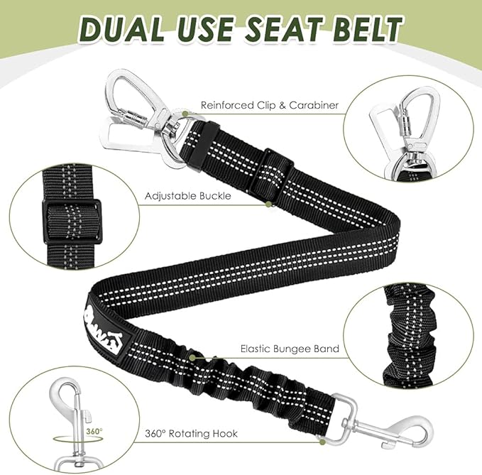 SlowTon Dog Seat Belt Harness for Car, Dog Car Harness Adjustable Mesh Breathable & Dog Seatbelt Safety Tether with Elastic Bungee for Small Medium Large Pets(Black, Double Clip, M)