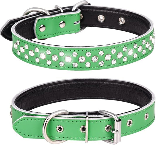 Rhinestone Dog Collar, Adjustable Cute Dazzling Sparkling Soft Leather Dog Collar Crystal Diamond Pet Dog Puppy Collar (S, Green)