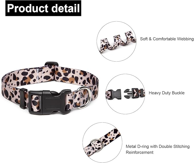 Adjustable Dog Collar with Patterns, Ultra Comfy Soft Nylon Breathable Pet Collar for Small Medium Large Dogs (S, Leopard)