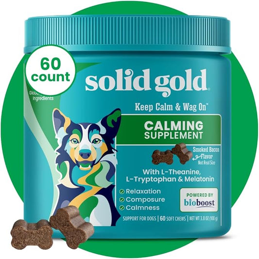 Solid Gold Calming Chews for Dogs - Soothing Snacks for Stress & Dog Stress Relief - Melatonin & Valerian Root - Dog Treats for Separation Stress Relief & Fireworks for All Breeds & Sizes - 60 Count