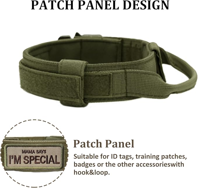 Tactical Dog Collar with Handle - Military Adjustable Dog Training Collar Soft Nylon and Heavy Duty Metal Buckle for Medium Large Dogs - with Patch (Green, Large)
