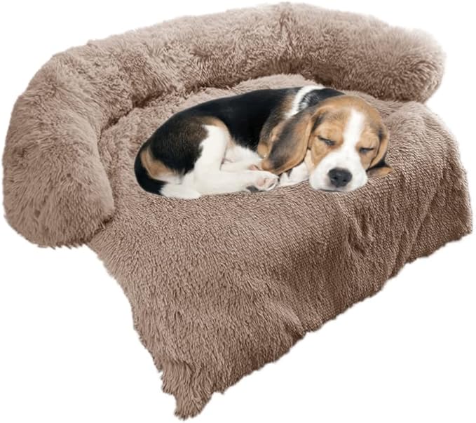 Calming Dog Bed Fluffy Plush Dog Mat for Furniture Protector with Removable Washable Cover for Large Medium Small Dogs and Cats (Small(35x31x5), Camel)