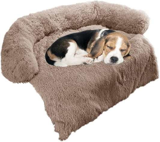 Calming Dog Bed Fluffy Plush Dog Mat for Furniture Protector with Removable Washable Cover for Large Medium Small Dogs and Cats (Small(35x31x5), Camel)