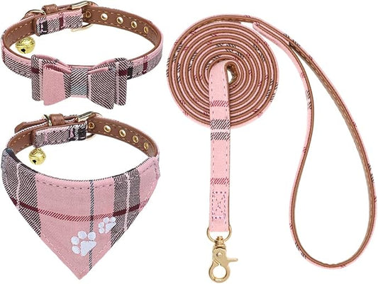 EXPAWLORER Puppy Collar and Leash Set - Plaid Dog Collar and Leash with Bow Tie and Bandana, Bell, XS Pink