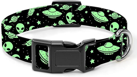 Dog Collar, Cute Dog Collar for Small Medium Large Dogs, Personalized Adjustable Soft Pet Collars with Quick Release Buckle for Walking Running, Green Alien