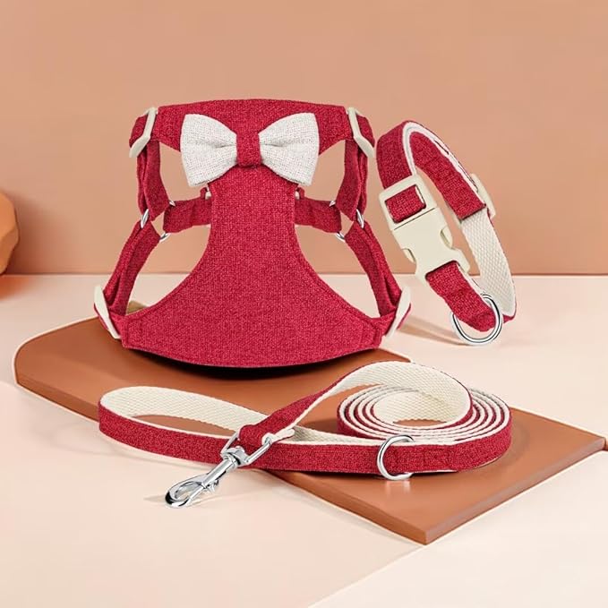 Didog Small Dog Harness Collar and Leash Set, Adjustable Lightweight Vest Harness with Cotton Soft Mesh for Small Dogs, Cats (Red, XXS)