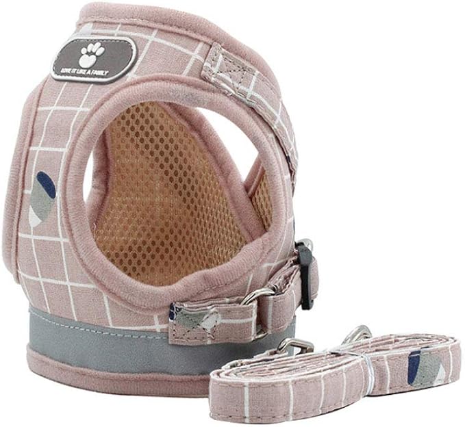 FEimaX Soft Mesh Dog Harness and Leash Set for Walking, No Pull Adjustable Reflective Puppy Step-in Vest Harness for Puppy Small Medium Dogs & Cats (L (Chest 16.1-18.1''/41-46CM), Plaid Pink)