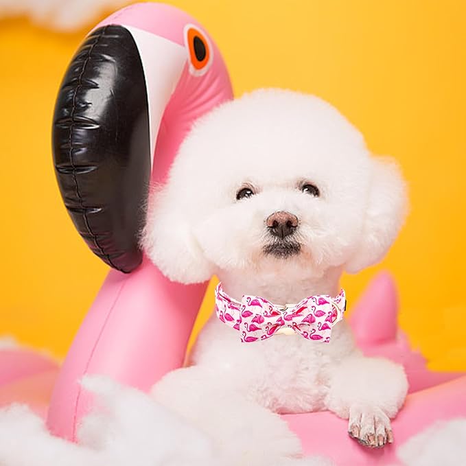 Elegant little tail Dog Collar, Pink Flamingos Puppy Collars Pet Collar with Bow Girl Cotton Bowtie Collars Spring Gift Adjustable Dog Collar for Large Dogs