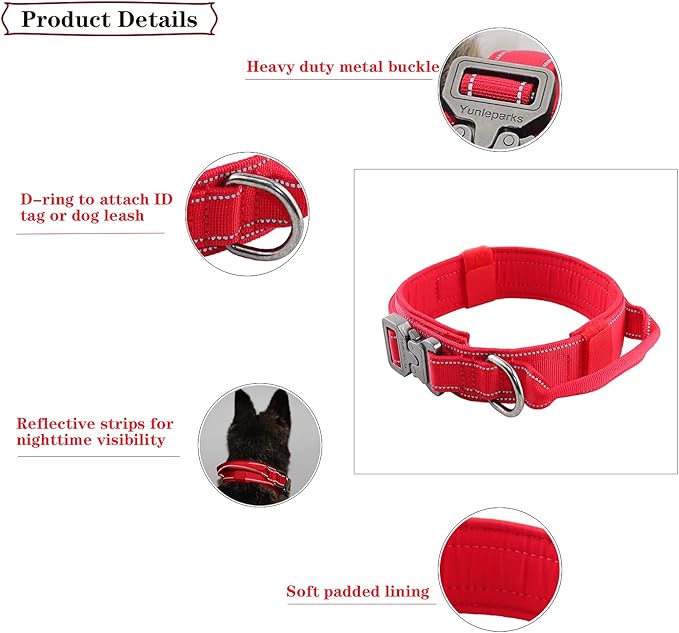 Tactical Dog Collar with Heavy Duty Metal Buckle and Control Handle for Medium Large Dogs Training(Red, Large)