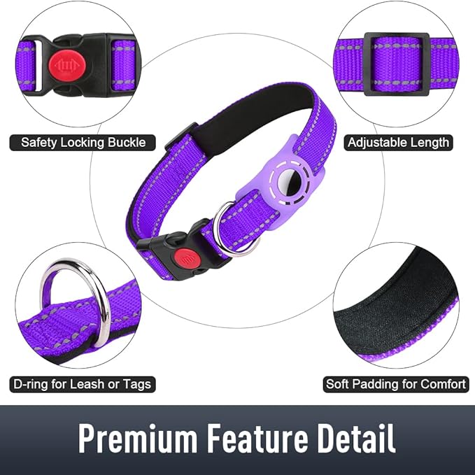 Airtag Dog Collar with AirTag Holder for Puppy Small Dogs, Reflective, Soft Padded & Safety Locking Buckle, Nylon Pet Collars Adjustable for All Breeds, Purple,XS
