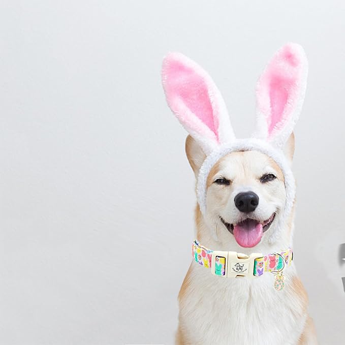 Elegant little tail Easter Dog Collar,Bunny Pattern Pet Collar Pink Durable Holiday Female or Male Adjustable Cotton Pet Collar with Quick Release Buckle for Large Dogs