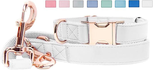 Soft Leather Dog Collar and Leash (6.6') Set - Stylish Rose Gold Heavy Duty Metal Buckle, 4 Adjustable Lengths Leash for Small Medium Large Dogs - Comfortable & Easy to Clean White M(13.8"-19.7")