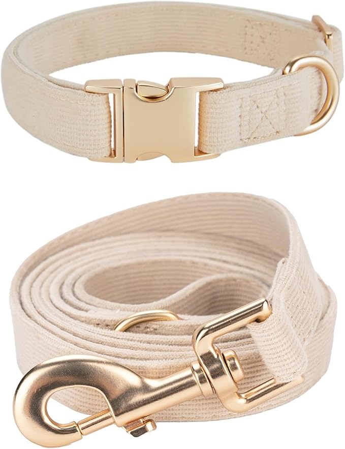 Soft Corduroy Dog Collar and Leash Set, Adjustable Cotton Dog Collars with Metal Buckle and Lead for Large Dogs,Beige