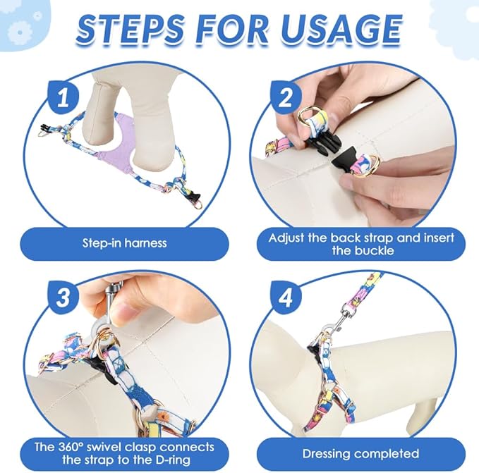 SlowTon No Pull Dog Harness with Leash - Soft Lightweight Floral Pattern Puppy Harness, Adjustable Pet Harness for Small Medium Dogs (Blue Flower M)