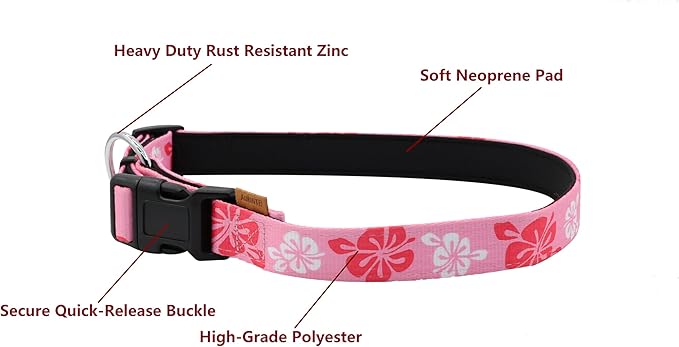 Dog Collar, Cute Floral Pattern, Neoprene Padded and Adjustable Collar with Quick Release Buckle, Reinforced Structure (L (Neck 18-28", Width 1"), Hawaiian Pink)