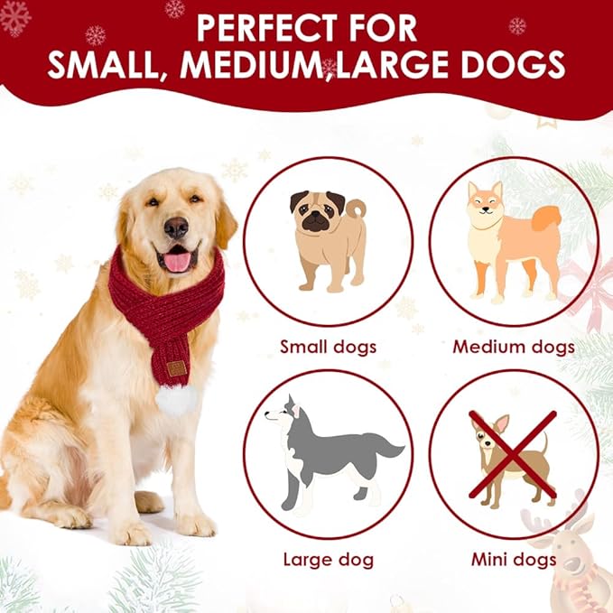 SlowTon Dog Knitted Scarf, 2 Pack Dog Warm Bandanas, Winter Holiday Decoration Scarf for Small Medium Large Dogs (Red,Green)