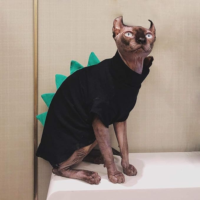 Dinosaur Design Sphynx Hairless Cat Clothes Cute Breathable Summer Cotton Shirts Cat Costume Pet Clothes,Round Collar Kitten T-Shirts with Sleeves, Cats & Small Dogs Apparels (3-4.5 lbs), Black
