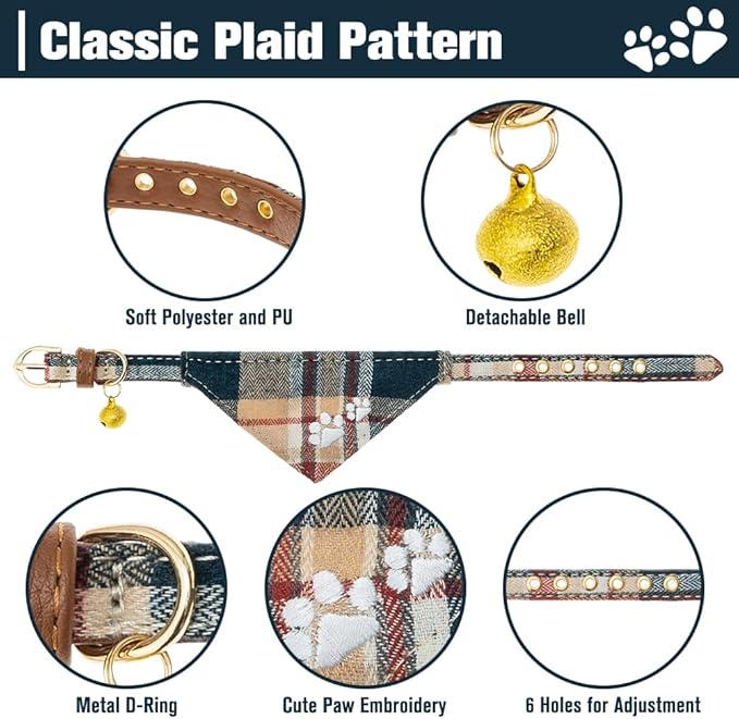 EXPAWLORER Puppy Collar and Leash Set - Plaid Dog Collar and Leash with Bow Tie and Bandana, Bell, Khaki